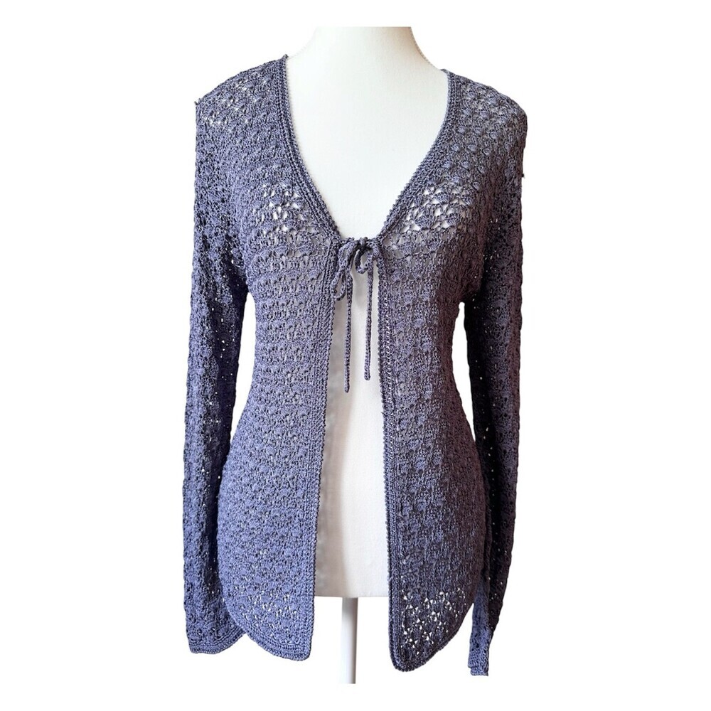 Vintage Y2K Crochet Cardigan Sweater Long Sleeve Summer Date Light Purple - L